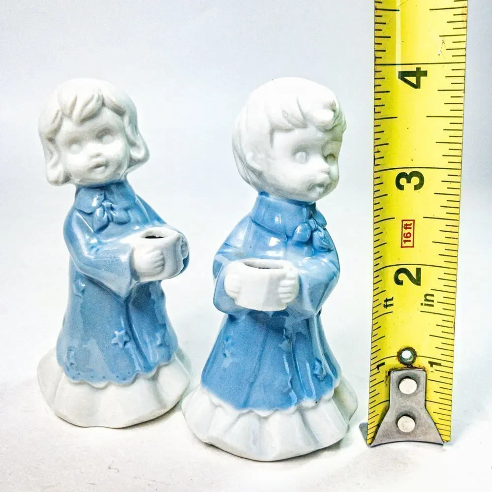 Pair Blue Angel Children Porcelain Candle Holders